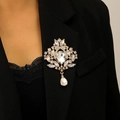 Baroque vintage teardrop crown brooch with crystals on black blazer lapel - Gold Vintage Style (5774)