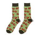 Detailed close-up of crew socks featuring tomato patterns and brown contrast heels - One Size / A785-Tomato Green