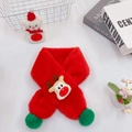 Detail of red plush Christmas scarf with cartoon reindeer and green pom-pom - Christmas Red (Reindeer Decor)
