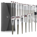 24-piece olive green makeup brush set with grey leather pouch on white background - 23 Brushes + Storage Bag