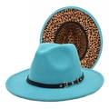 Detail of wool fedora hat with black leather band and leopard print underbrim - M (56-58cm) / Lake Blue