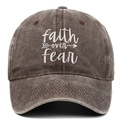 Vintage washed brown cotton baseball cap with white Faith Over Fear embroidery - Adjustable / Coffee