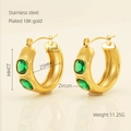 18K gold plated stainless steel hoop earrings featuring square green zircon stones - Green Zircon Golden C-Shape Style (702绿)