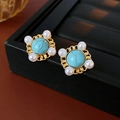 Detail of vintage gold studs with turquoise center and pearls on a black jewelry box - Style 3# Blue Square Round Pearl Stud Earrings