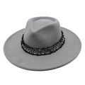 Chapeau Fedora classique en laine grise à bord large avec ruban décoratif pour hommes et femmes - M (56-58cm) / Gris clair