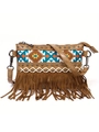 Brown bohemian fringe crossbody bag with geometric embroidery and metal rivets - 22.5*3*15.5cm / Brown
