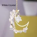 Golden moon sun catcher with natural white crystal gravel and faceted star pendant - Merkabah White Crystal Pebble Moon Pendant