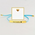 Blue woven bracelet with gold engraved Just Breathe plate and motivational quote card - Just Breathe Gold Bar Lake Blue Rope With Card