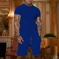 Men's navy blue casual t-shirt and drawstring shorts two-piece summer sports set - Blue