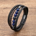 Macro shot of multilayered leather cord bracelet with blue beads and magnetic metal clasp - Style 4 (Blue Beads)