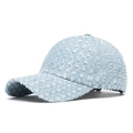 Distressed blue denim baseball cap with silver sequins and stylish frayed edges - Light Blue Distressed Sequin Style