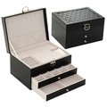 Double-layer black leather jewelry organizer with secure lock and beige velvet lining - Rhombic 3-Layer / Black