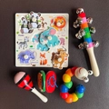 5-piece wooden Montessori toy set including animal puzzle, hand bells, and maracas for babies - 5-Piece Set (Animal Puzzle + Caterpillar + Castanet + Maraca + Hand Bell)