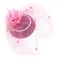 Elegant pink fascinator hat with soft feathers, pearls, and mesh veil for bridal wear - Glitter Pink