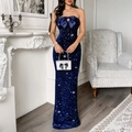 Elegant blue sequin strapless evening gown with bow detail and slim fit long silhouette - S / Navy Blue