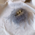 Top view of large gray ostrich feather hair claw clip on white fabric backdrop - 9.5CM Ocean Blue Feather Claw Clip