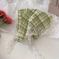 French style green gingham triangle headscarf with white lace trim and pompom details - Geometric Blue / Green