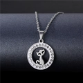 Polished stainless steel cat silhouette necklace with sparkling crystal halo on round pendant - NZ6 Cat Silhouette