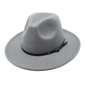 Close-up of light grey fedora hat with black faux leather band and gold metal buckle - M (56-58cm) / Gray