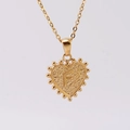 Gold plated stainless steel heart necklace with letter F pendant and beaded edge detail - F (With Chain)