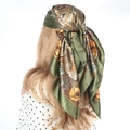 Green and orange paisley print satin square scarf worn as an elegant headpiece - 90*90cm / Army Green