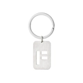 Silver brushed metal keychain with rectangle letter tag and hollow geometric pattern - Letter F