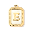 Macro detail of a gold rectangular letter E pendant with white mother-of-pearl inlay - Letter E
