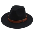 Detail of classic black fedora hat with a brown leather belt strap and metal buckle - M (56-58cm) / Black