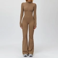 Combinaison de yoga marron en polaire avec col montant et jambes évasées pour le fitness - S / Latte