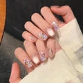 Eleganti unghie finte cat-eye con fiori secchi fatti a mano e strass scintillanti - XS / 1807-Quadrato Corto