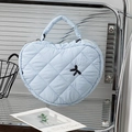 Light blue heart quilted handbag with black embroidered bows and top handle - Blue Fabric with Embroidered Bow
