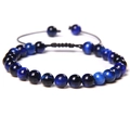 Adjustable woven bracelet with 6mm blue stone beads featuring cat eye tiger eye luster - Lapis Tiger Eye