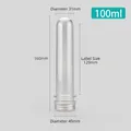 Flacone a tubo in PET da 100ml trasparente con tappo a vite in alluminio argento e altezza 160mm - Provetta da 100 ml + tappo in alluminio