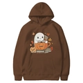 Sweat à capuche marron avec fantôme lisant dans une tasse citrouille pour Halloween - Café