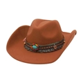 Western caramel felt cowboy hat with ethnic turquoise band and woven tassels decoration - One Size / Khaki (With Metal Bull Head & Ethnic Decor Band)