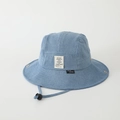 Detail of light blue denim sun hat showing adjustable drawstring and embroidered patch - 52cm (2-5 Years) / Square Label - Blue