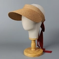 Macro shot of natural woven raffia texture and dark red ribbon tie on the sun hat - M (56-58cm) / Natural + Red Ribbon