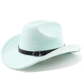 Detail view of mint green suede cowboy hat with a brown leather buckle strap - M (56-58cm) / Mint Green