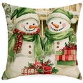Green linen Christmas pillowcase with watercolor snowmen and gift box design - YMD15-7 (Snowmen Gift Set)