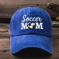 Vintage washed blue denim baseball cap with Soccer MOM heart embroidery for outdoor sports - Sapphire Blue