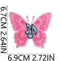 Detailed view of pink butterfly embroidery patch with blue musical notes and dimensions - No. 37 (Butterfly Musical Notes)
