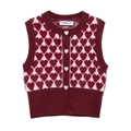 Vintage gebreide korte vest in bordeauxrood met hartpatroon en hartknopen - S / Bordeauxrood