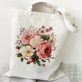 White canvas tote bag featuring delicate pink rose floral print with dual carry handles - Pink and White Flowers (White)