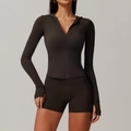 Coffee brown two-piece yoga set featuring hooded zip jacket and high waist gym shorts - S / Top And Bottom / Black Coffee