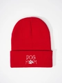 Bright red winter beanie hat featuring white DOG MOM embroidery with paw print detail - One Size / Red