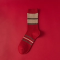 Calze spesse in lana rossa con motivi natalizi Fair Isle e polsini a coste - Taglia unica / Righe Sottili
