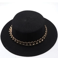 Top view of a black woven boater hat featuring a decorative thick gold chain on the crown - M (56-58cm) / Black Style (09)