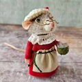 Cute needle felted mouse in red dress with glasses and white knit hat ornament - Grey Mouse-Red Dress-White Knit Hat