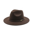 Classic dark brown fedora hat in wool felt with braided leather band and gold emblem - M (56-58cm) / Coffee