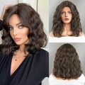 Mid-length wavy dark brown bob wig shown in front, side, and back views for women - Cool Brown